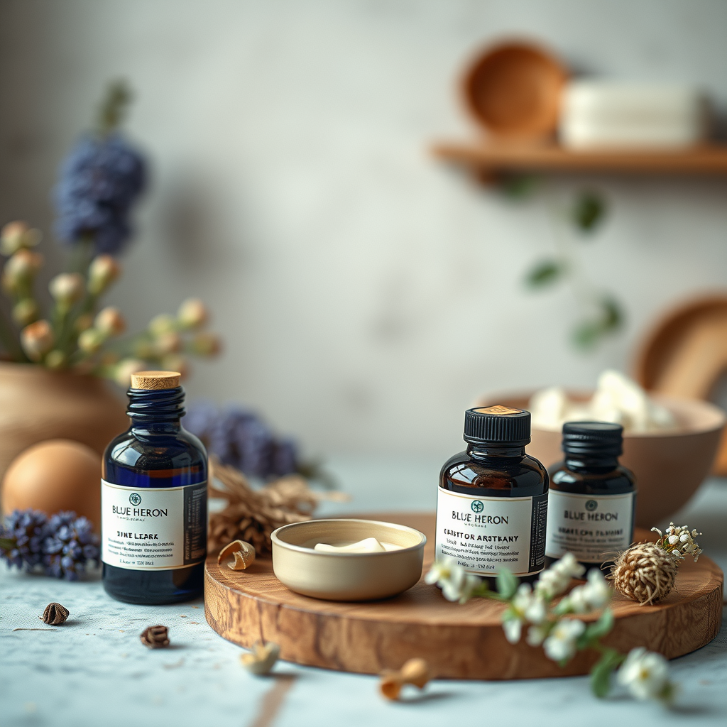 holistic, natural-themed blog image relating to health and skin care for Blue Heron Apothecary, using calming colors, natural ingredients, and wellness atmosphere